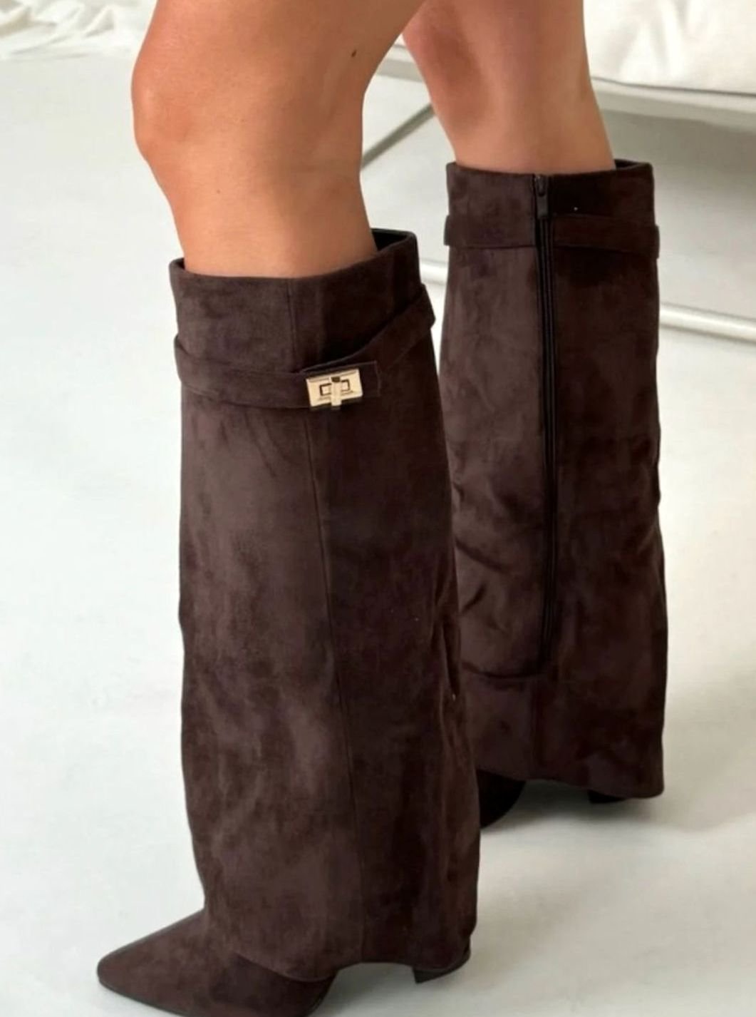 Women's Folded Cuff Tall Suede Boots with Wedge Heel