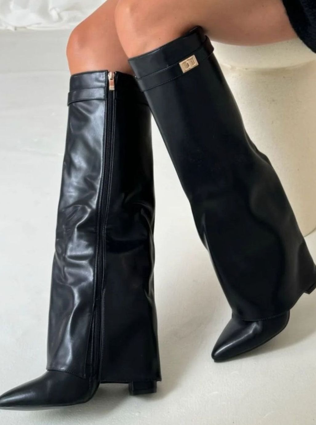 Women's Folded Cuff Tall Suede Boots with Wedge Heel