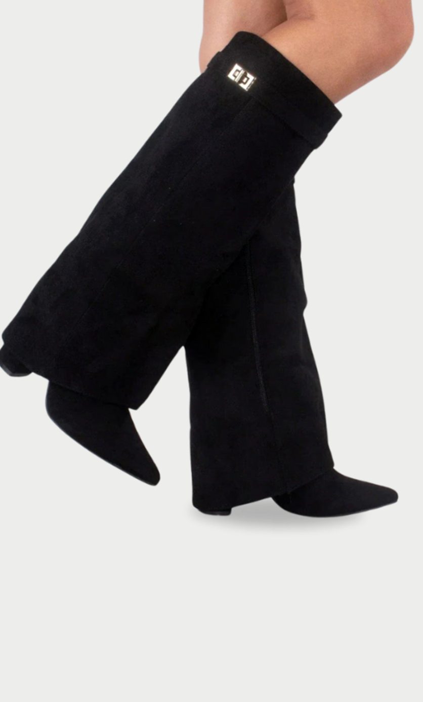 Women's Folded Cuff Tall Suede Boots with Wedge Heel