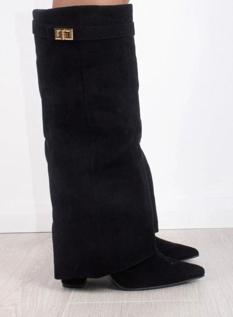 Women's Folded Cuff Tall Suede Boots with Wedge Heel