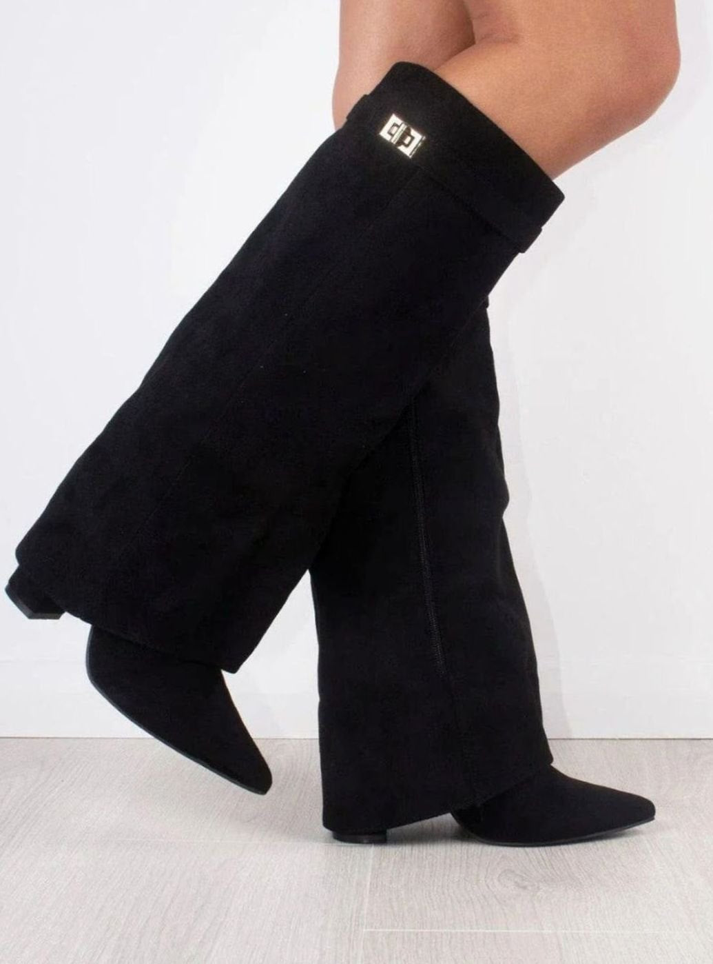 Women's Folded Cuff Tall Suede Boots with Wedge Heel