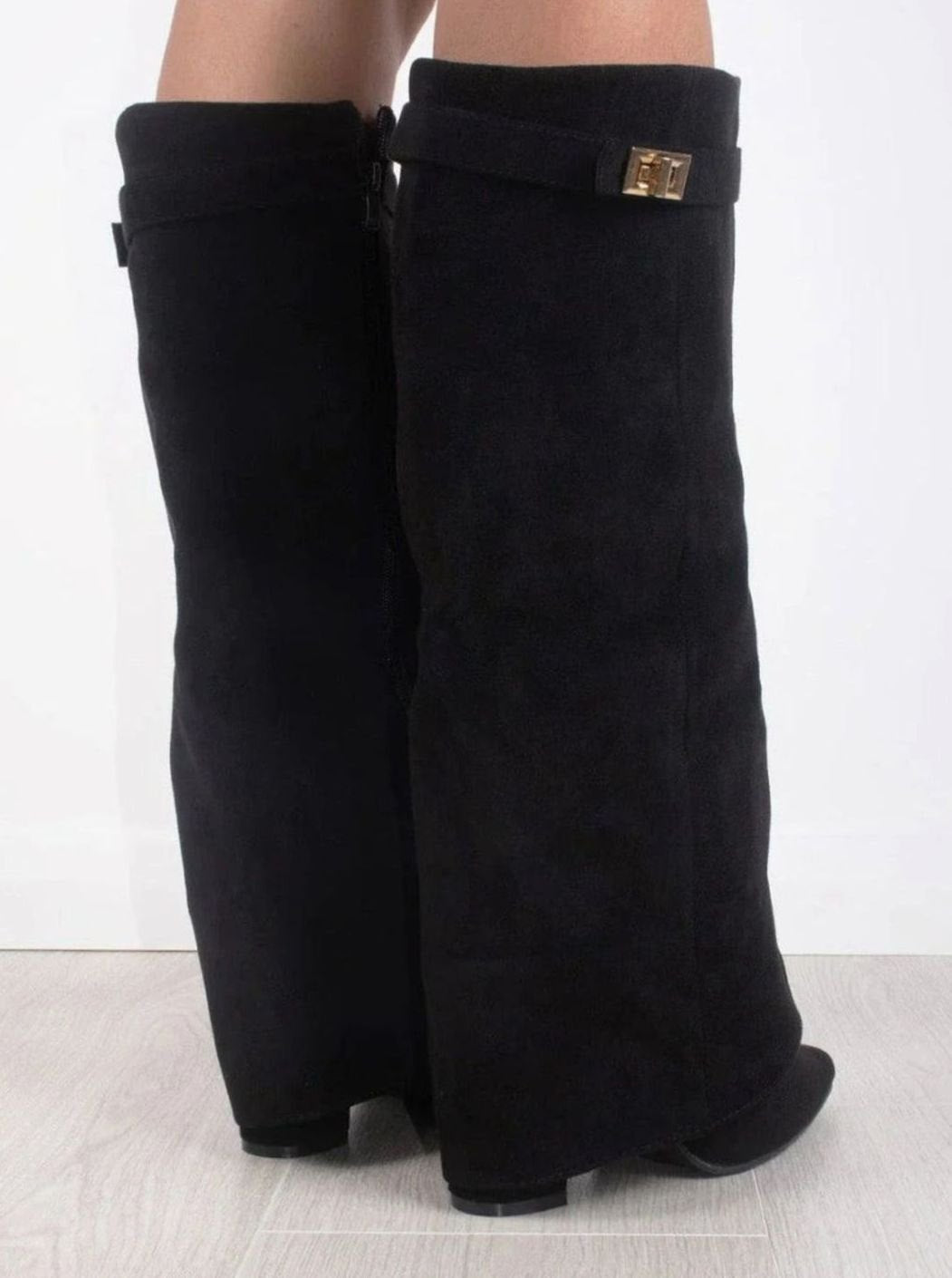 Women's Folded Cuff Tall Suede Boots with Wedge Heel