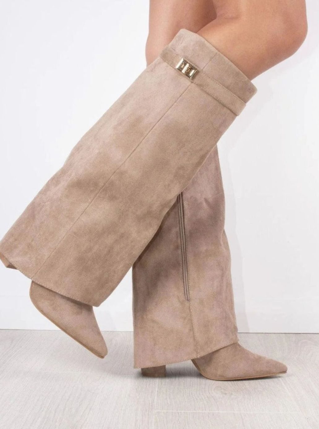 Women's Folded Cuff Tall Suede Boots with Wedge Heel