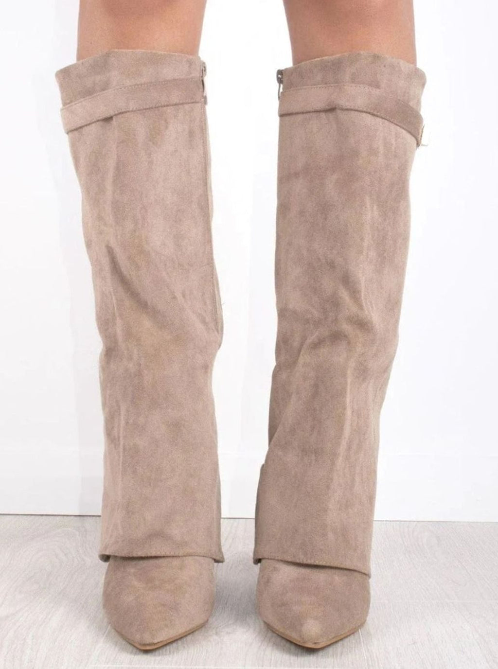 Women's Folded Cuff Tall Suede Boots with Wedge Heel