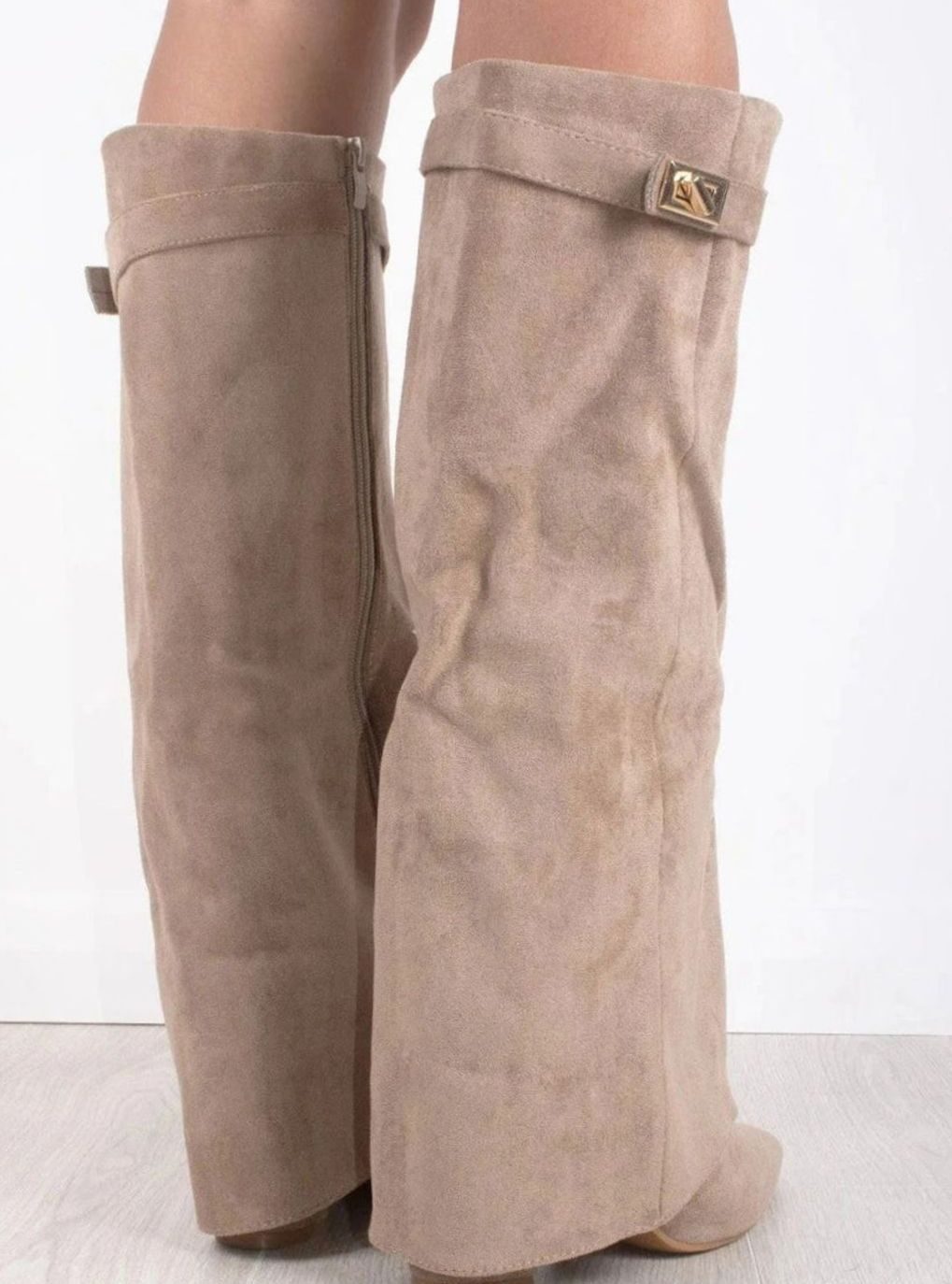 Women's Folded Cuff Tall Suede Boots with Wedge Heel