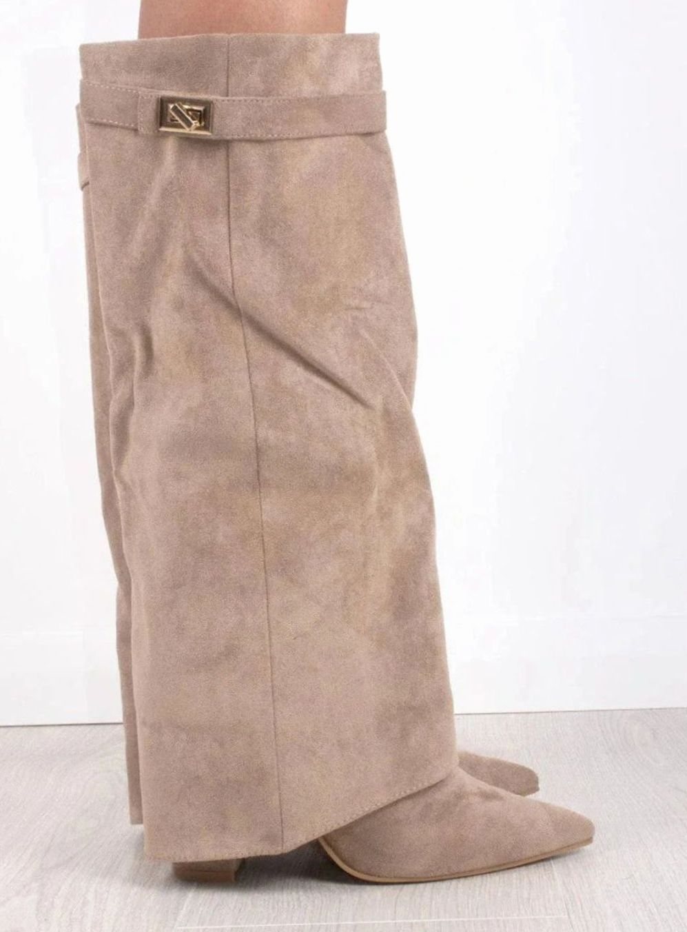 Women's Folded Cuff Tall Suede Boots with Wedge Heel