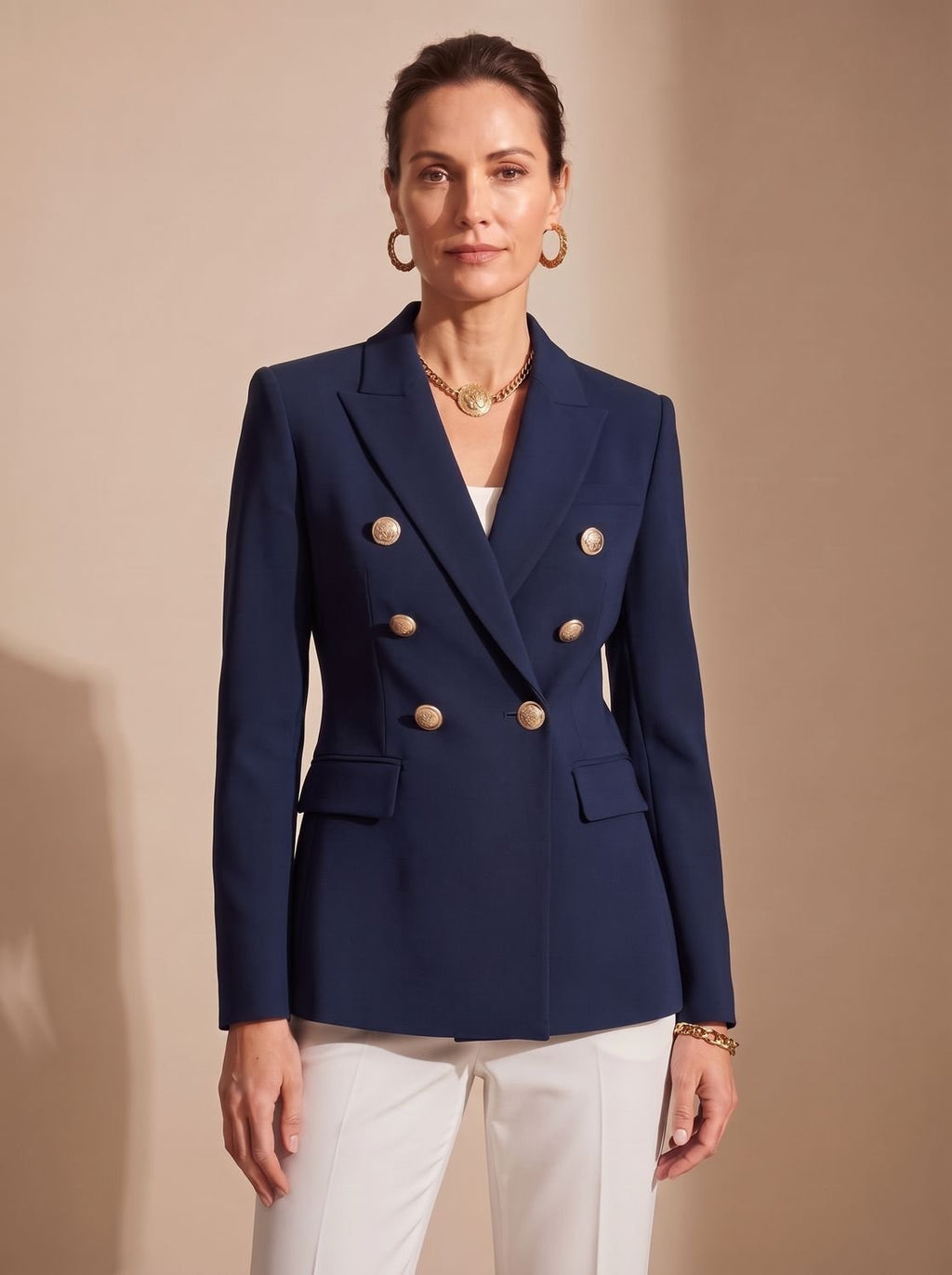 Women's Tailored Blazer with Double-Breasted Metal Buttons