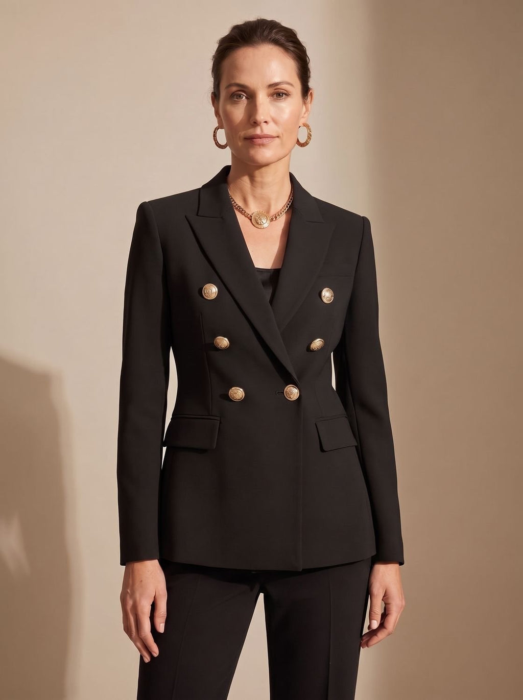 Women's Tailored Blazer with Double-Breasted Metal Buttons