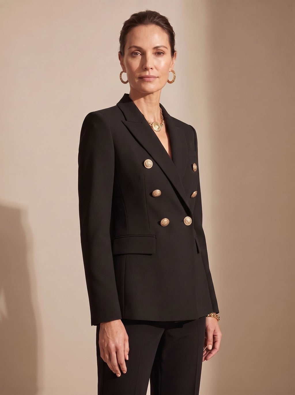 Women's Tailored Blazer with Double-Breasted Metal Buttons