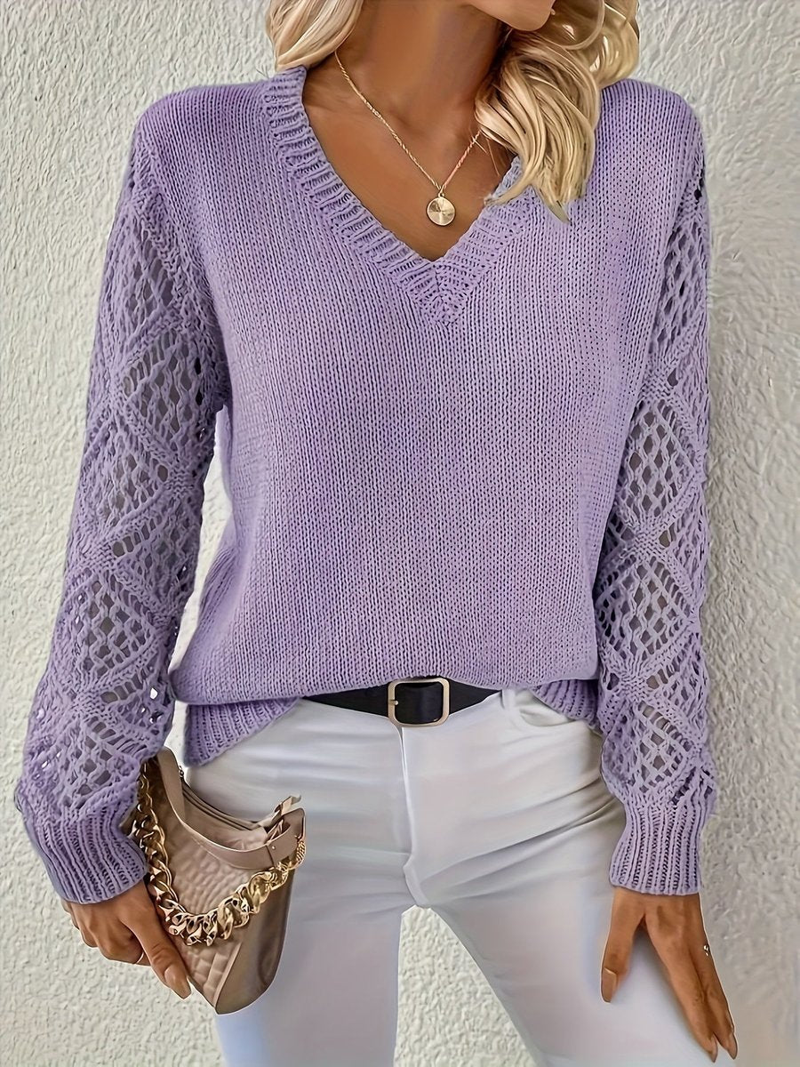 Women's Hollow Knit Sleeve Sweater with V Neckline