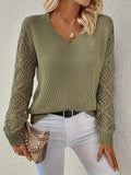 Women's Hollow Knit Sleeve Sweater with V Neckline