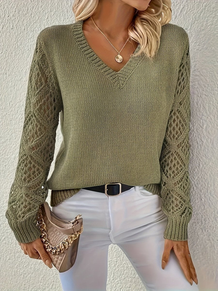 Women's Hollow Knit Sleeve Sweater with V Neckline