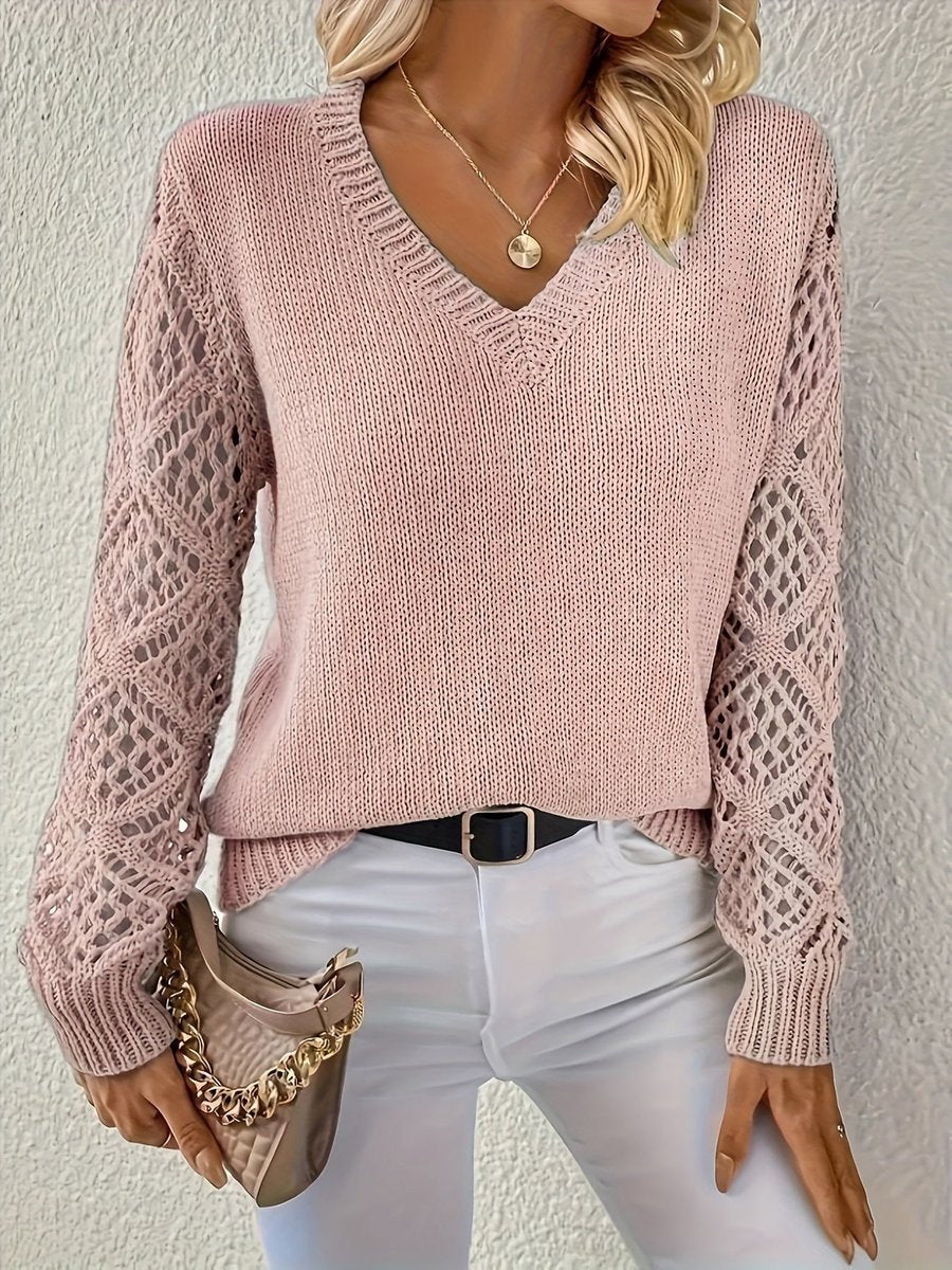 Women's Hollow Knit Sleeve Sweater with V Neckline
