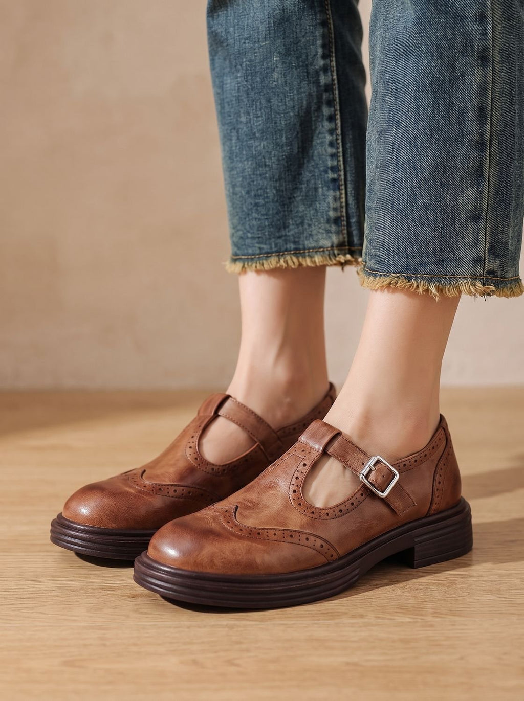 Women's Vintage Brogue Buckled T-Bar Flat Pumps