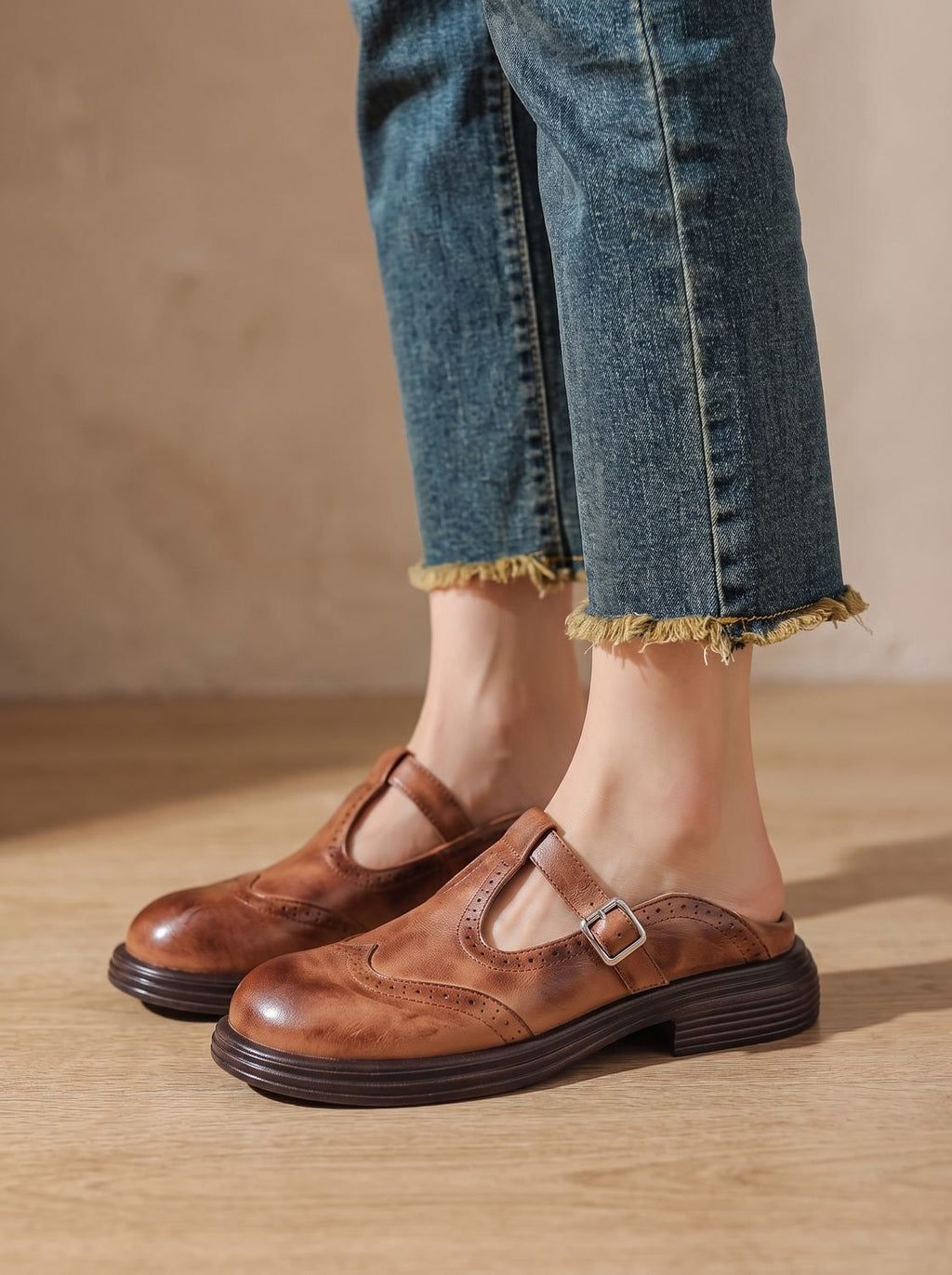 Women's Vintage Brogue Buckled T-Bar Flat Pumps