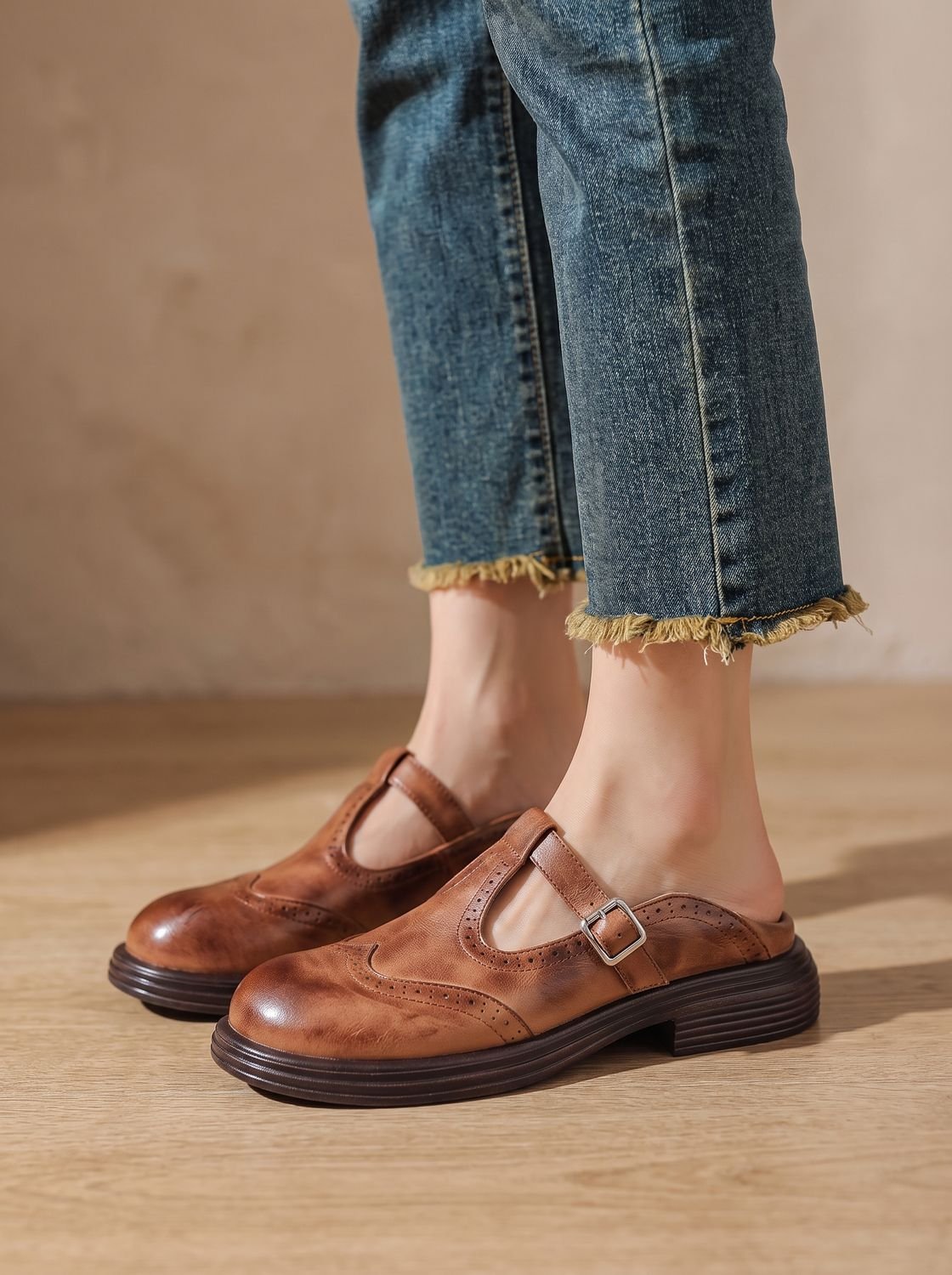 Women's Vintage Brogue Buckled T-Bar Flat Pumps