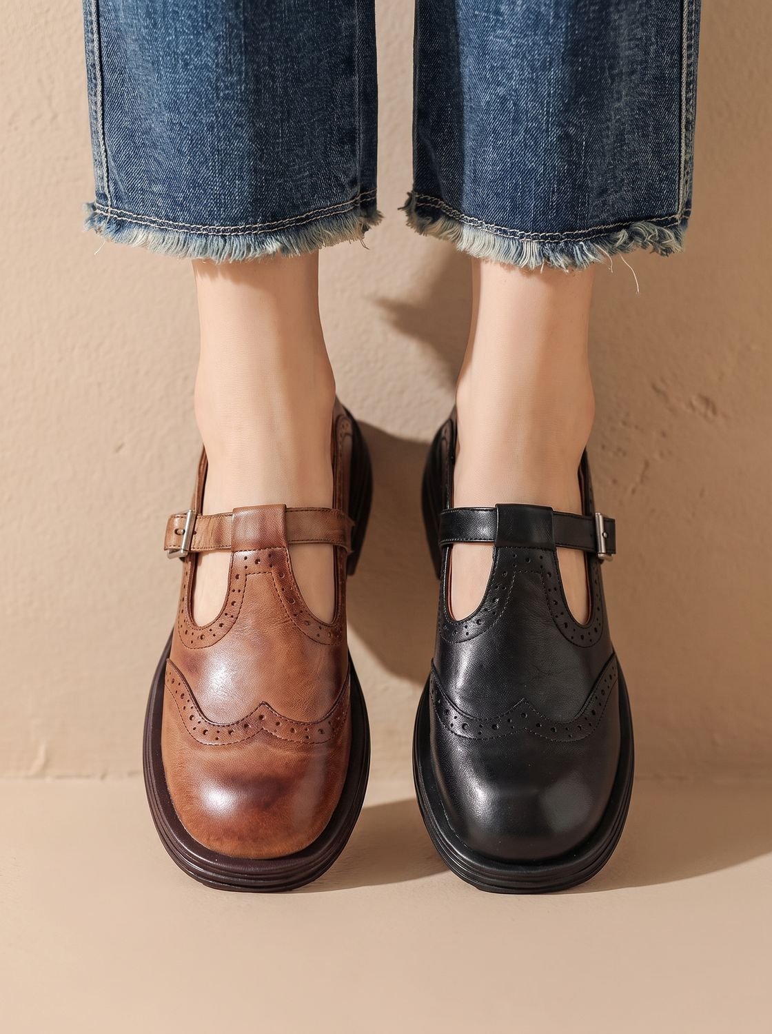 Women's Vintage Brogue Buckled T-Bar Flat Pumps