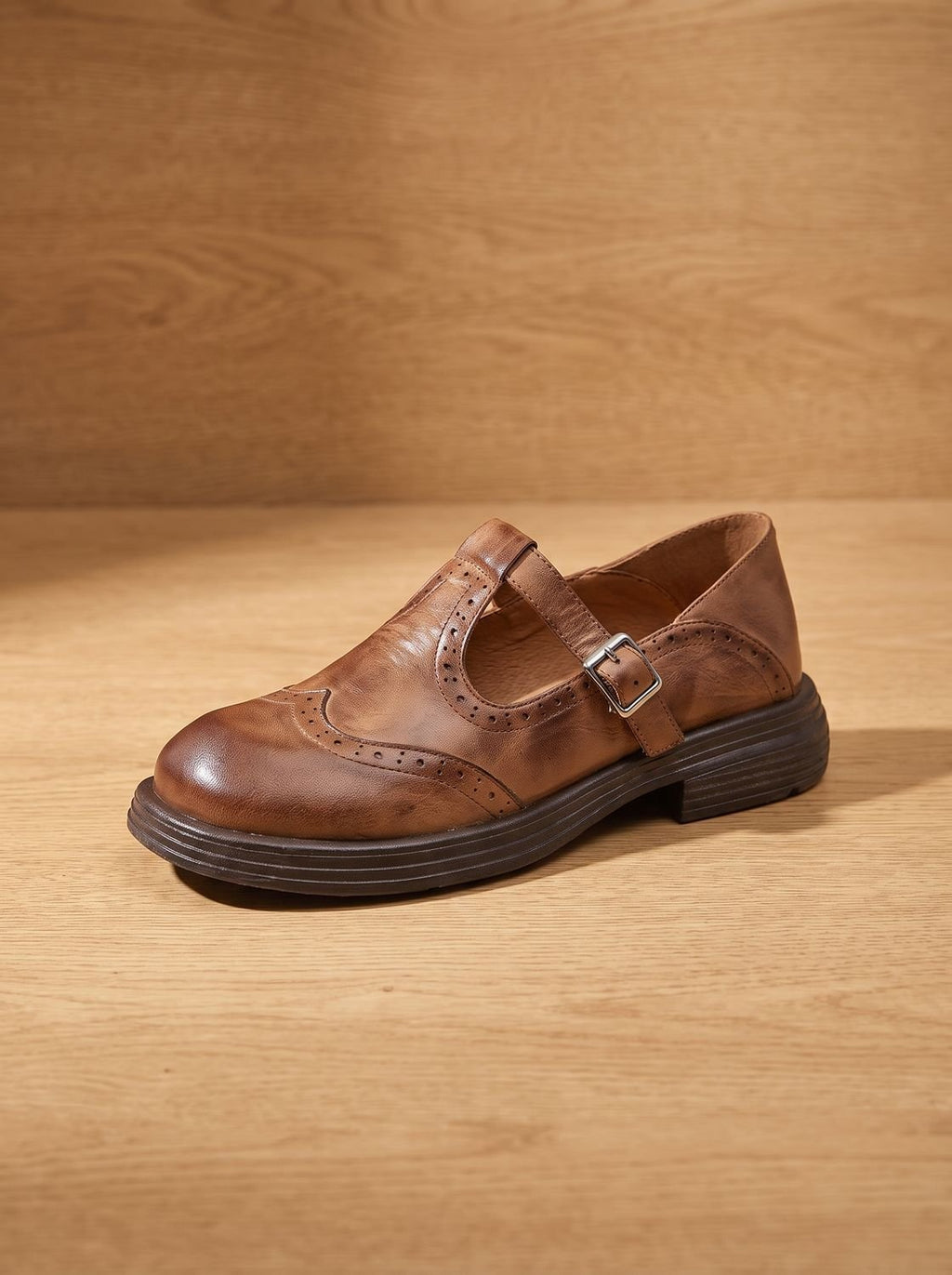 Women's Vintage Brogue Buckled T-Bar Flat Pumps