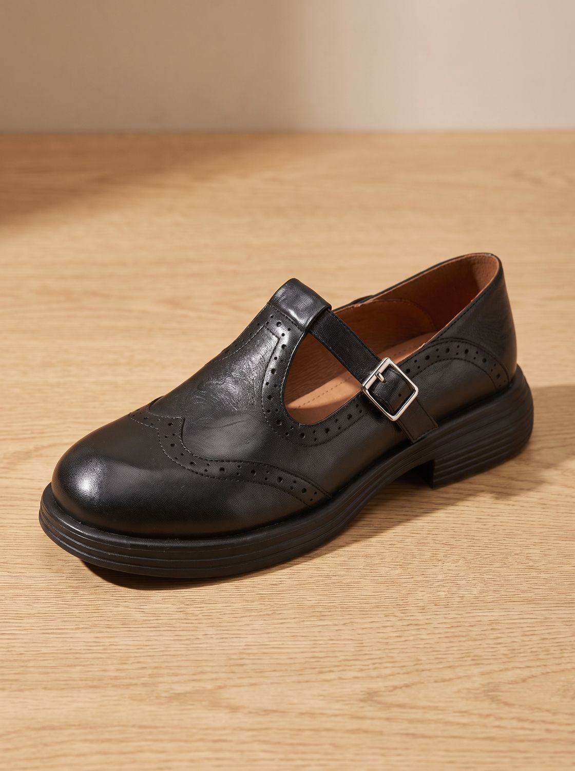 Women's Vintage Brogue Buckled T-Bar Flat Pumps