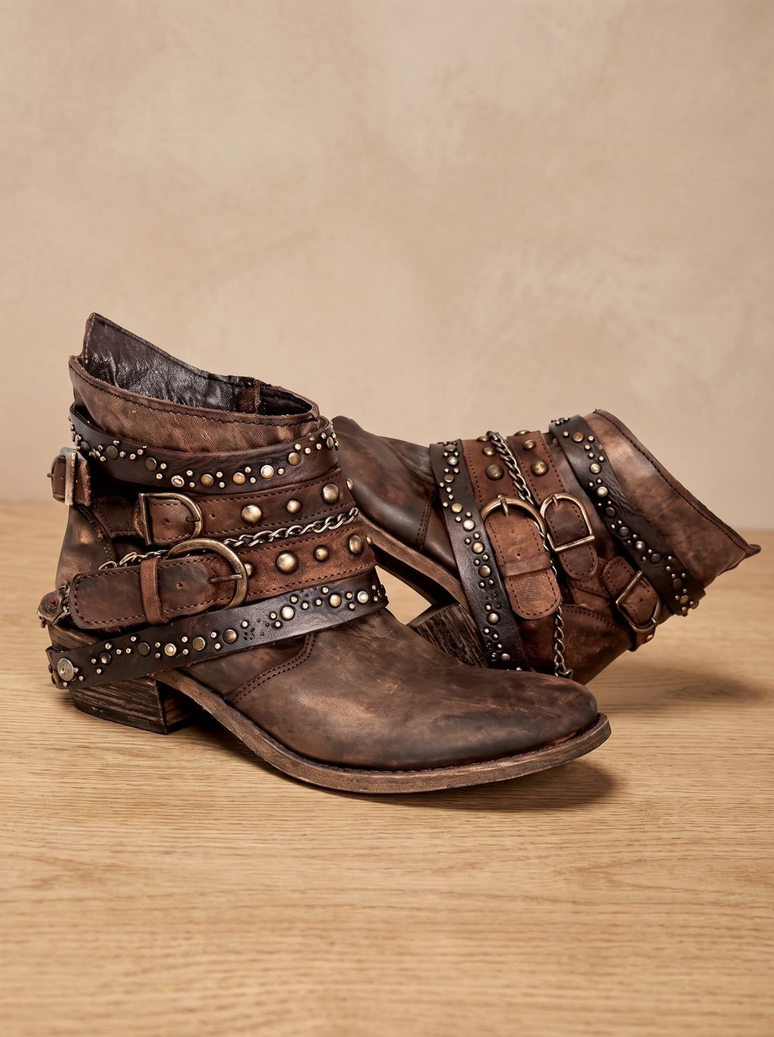 Women's Multi-Buckle Strap Vintage Studded Cowgirl Ankle Boots