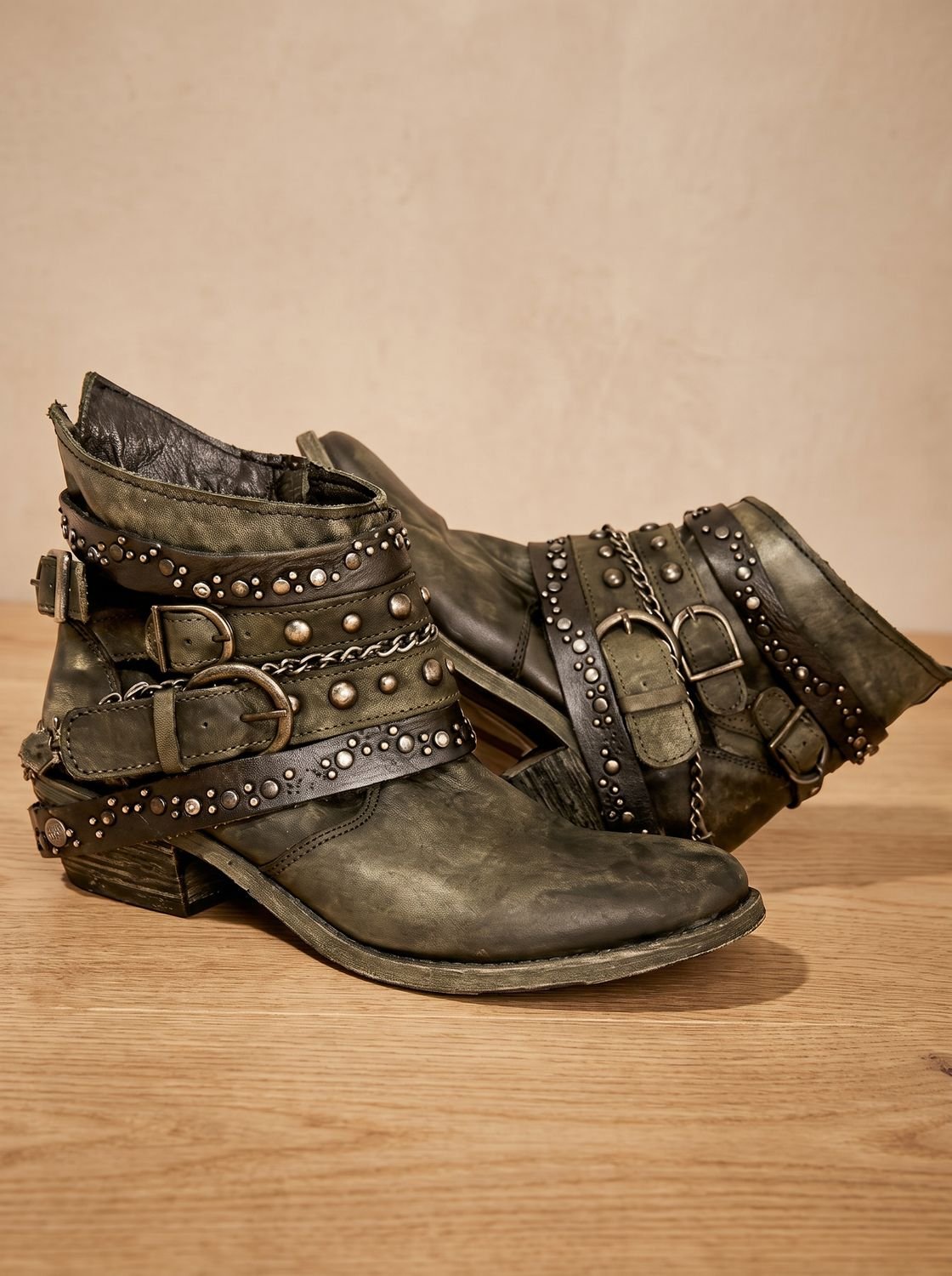Women's Multi-Buckle Strap Vintage Studded Cowgirl Ankle Boots