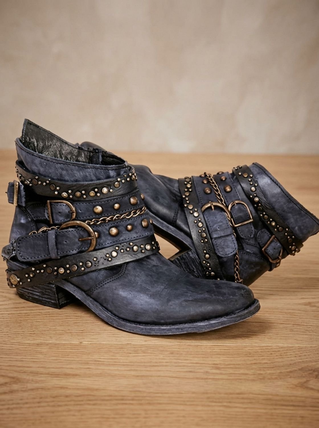 Women's Multi-Buckle Strap Vintage Studded Cowgirl Ankle Boots