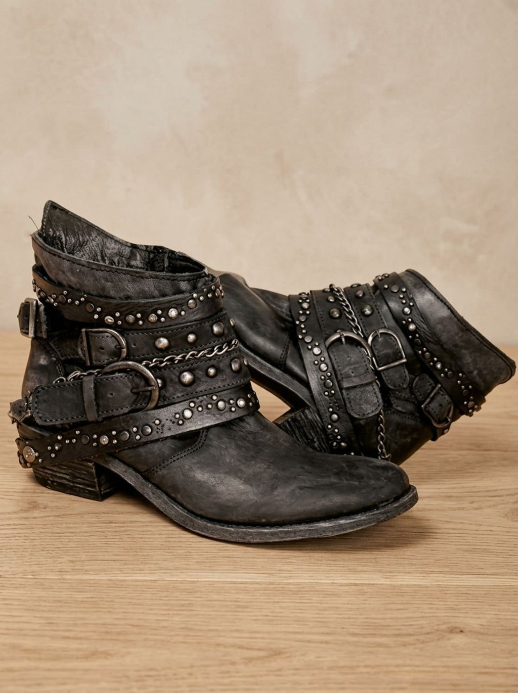 Women's Multi-Buckle Strap Vintage Studded Cowgirl Ankle Boots