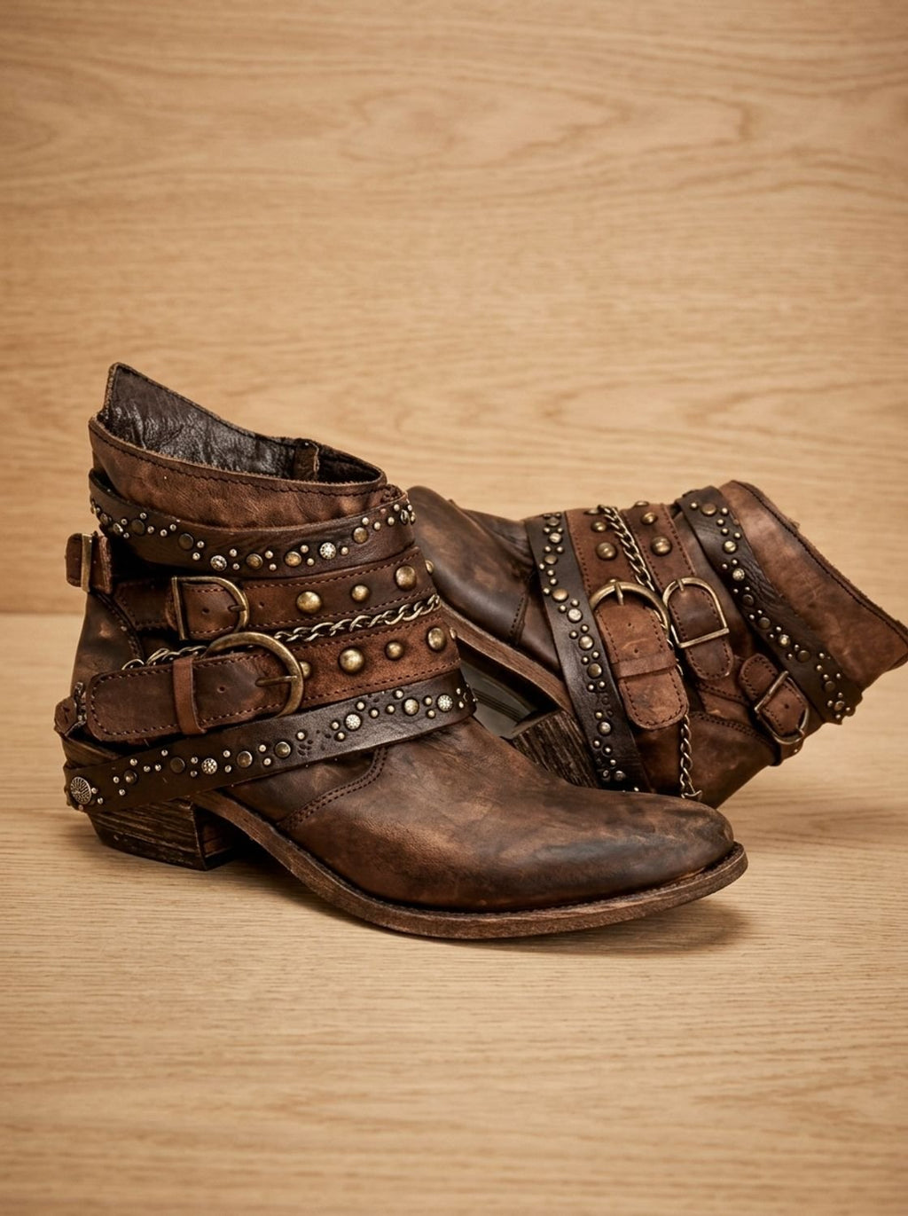 Women's Multi-Buckle Strap Vintage Studded Cowgirl Ankle Boots