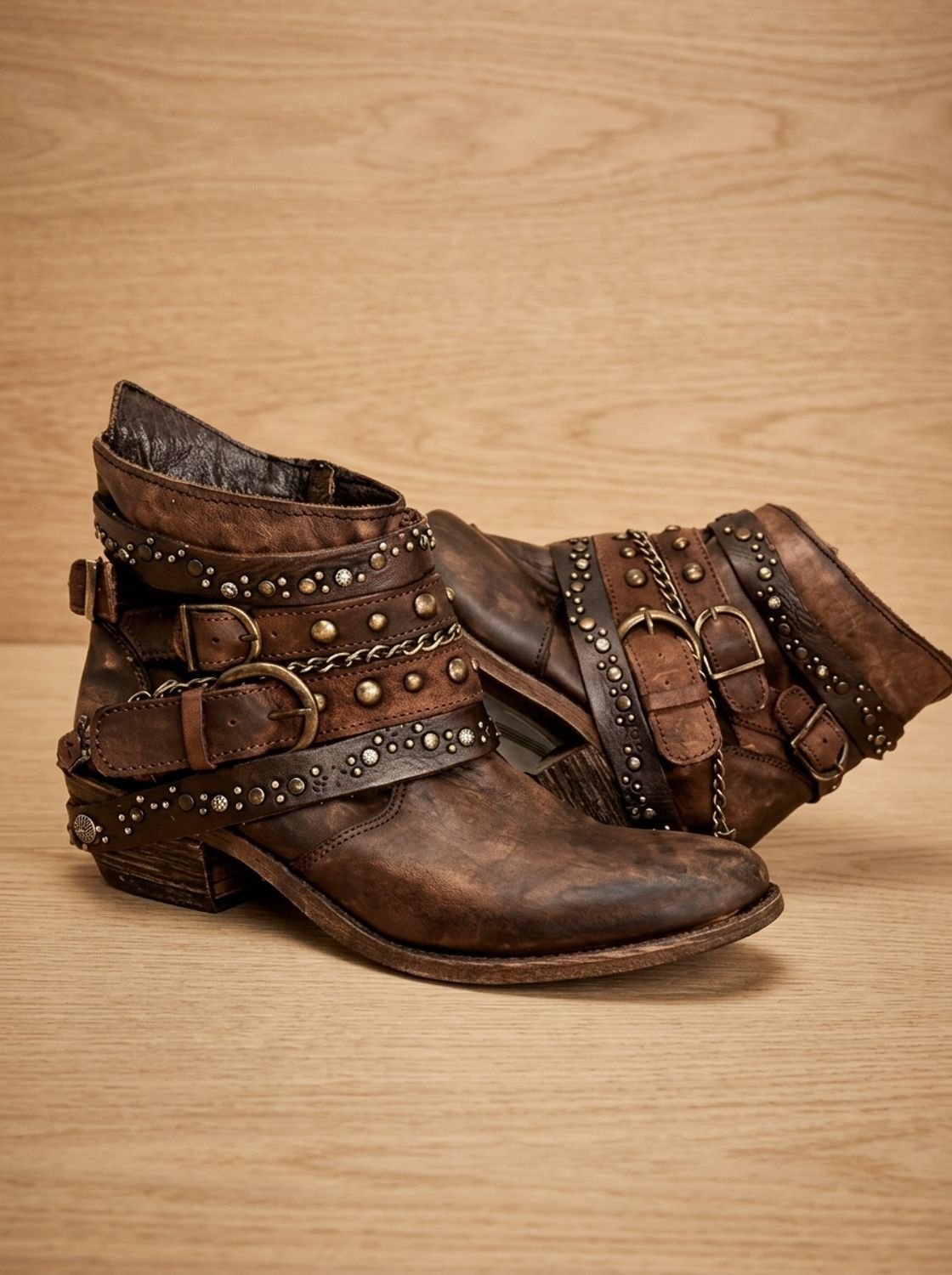 Women's Multi-Buckle Strap Vintage Studded Cowgirl Ankle Boots