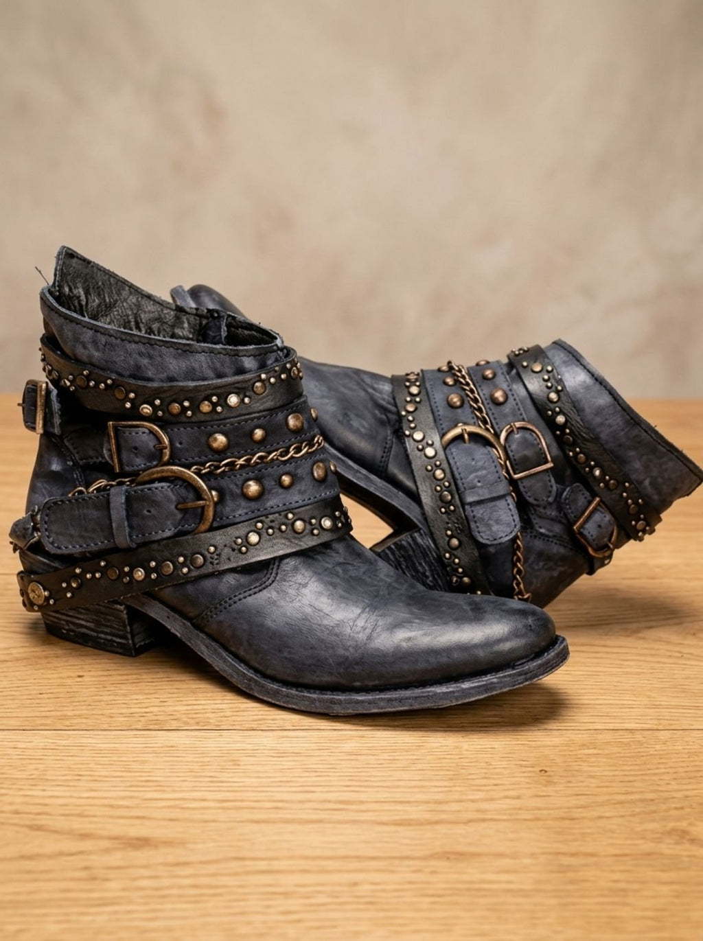 Women's Multi-Buckle Strap Vintage Studded Cowgirl Ankle Boots