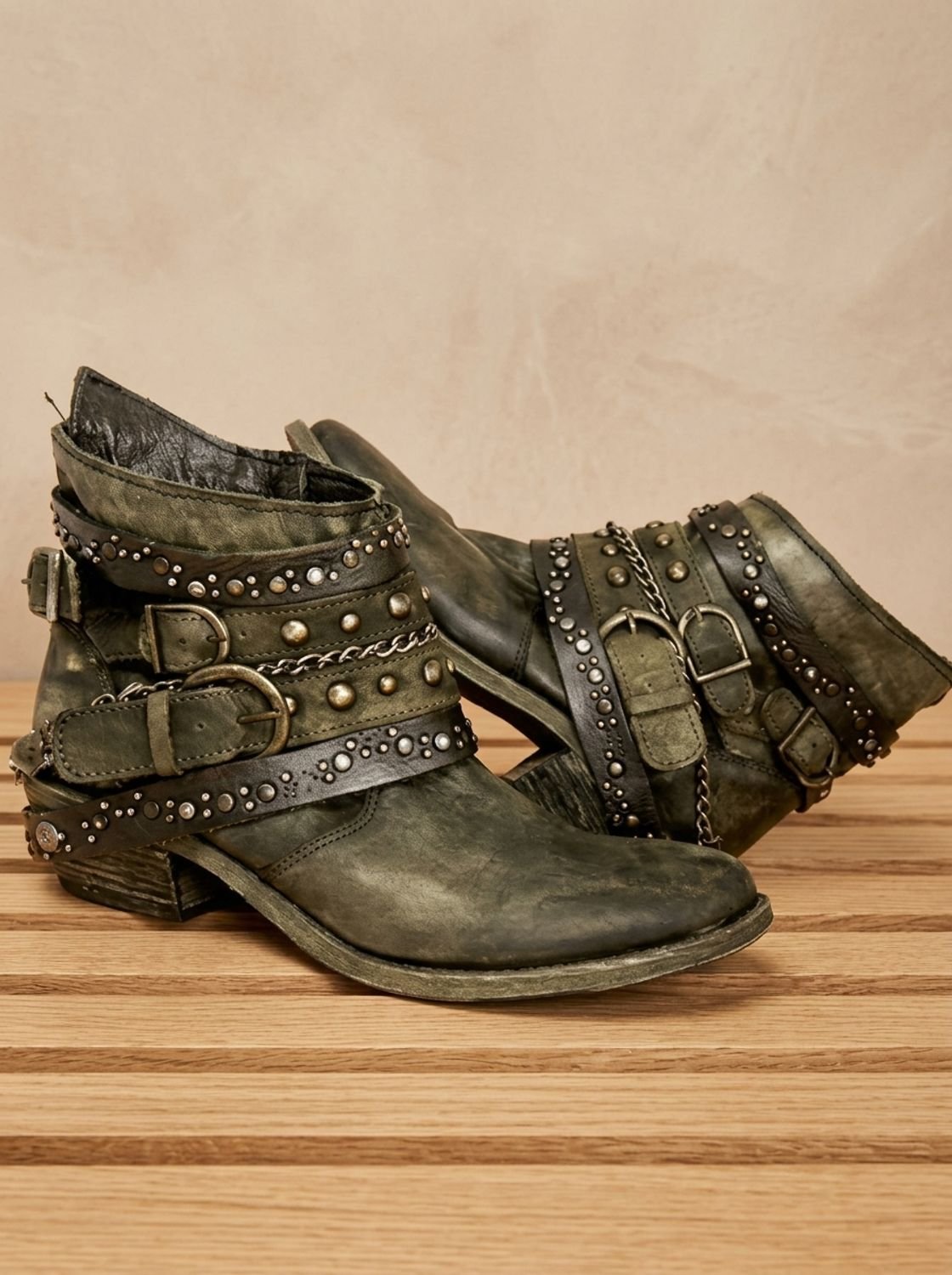 Women's Multi-Buckle Strap Vintage Studded Cowgirl Ankle Boots