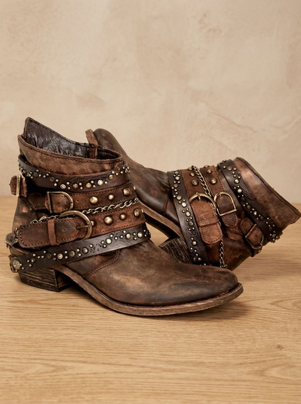 Women's Multi-Buckle Strap Vintage Studded Cowgirl Ankle Boots