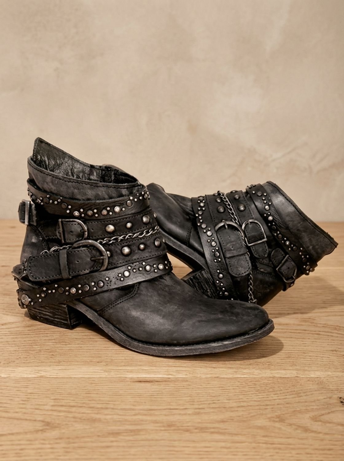 Women's Multi-Buckle Strap Vintage Studded Cowgirl Ankle Boots