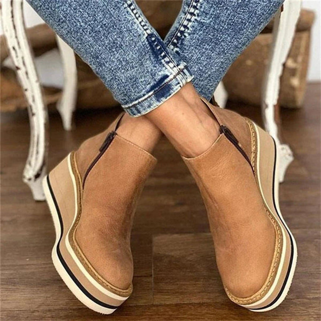 Women's Platform Wedge Ankle Boots with Front Zip Closure