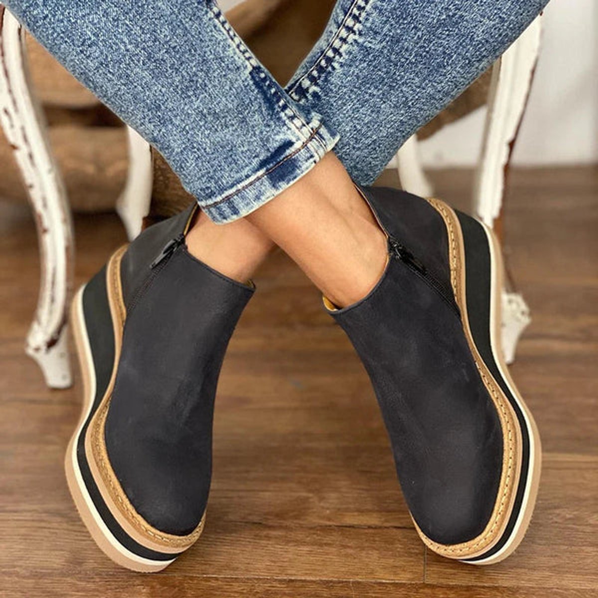 Women's Platform Wedge Ankle Boots with Front Zip Closure