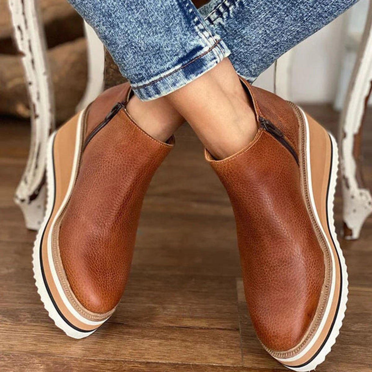 Women's Platform Wedge Ankle Boots with Front Zip Closure