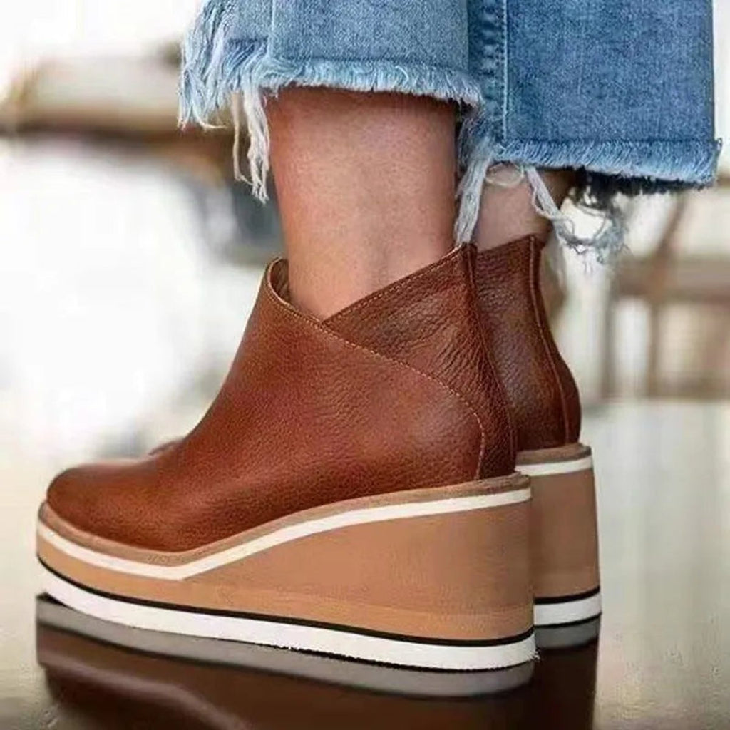 Women's Platform Wedge Ankle Boots with Front Zip Closure