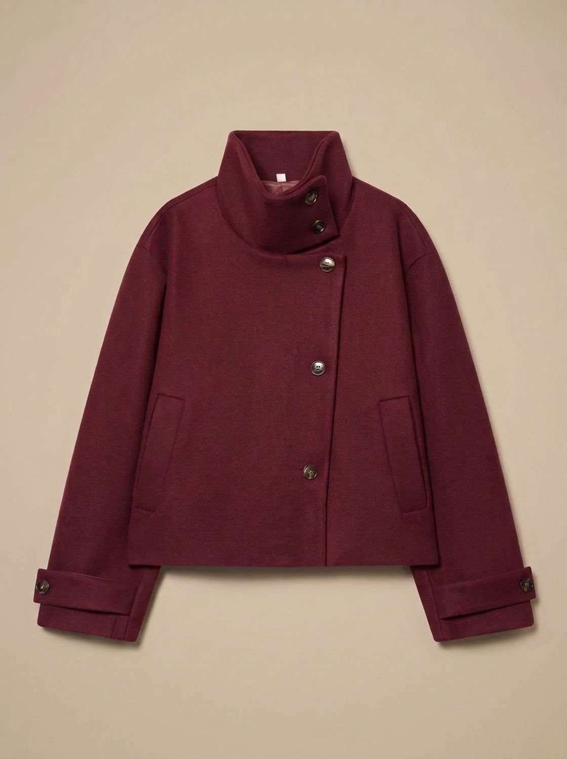 Women's Cropped Wool-Blend Overcoat with Asymmetrical Closure