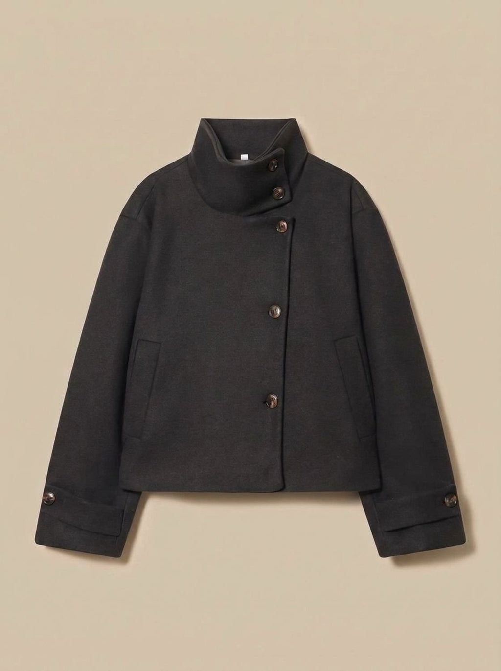 Women's Cropped Wool-Blend Overcoat with Asymmetrical Closure