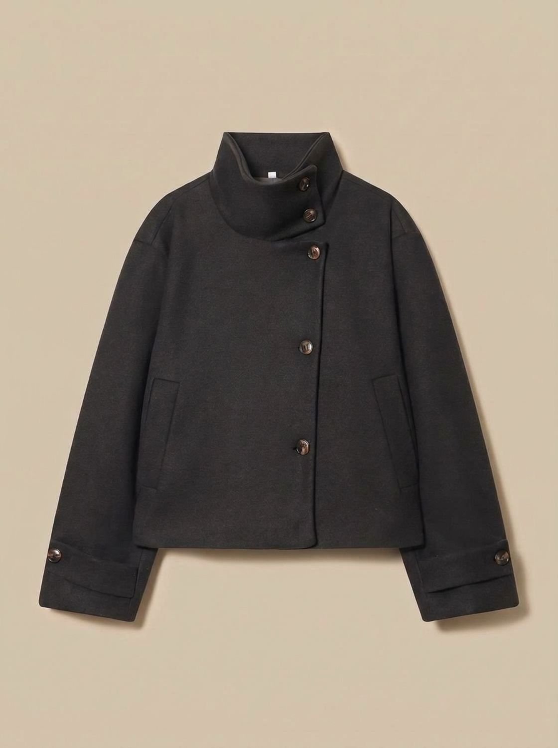 Women's Cropped Wool-Blend Overcoat with Asymmetrical Closure
