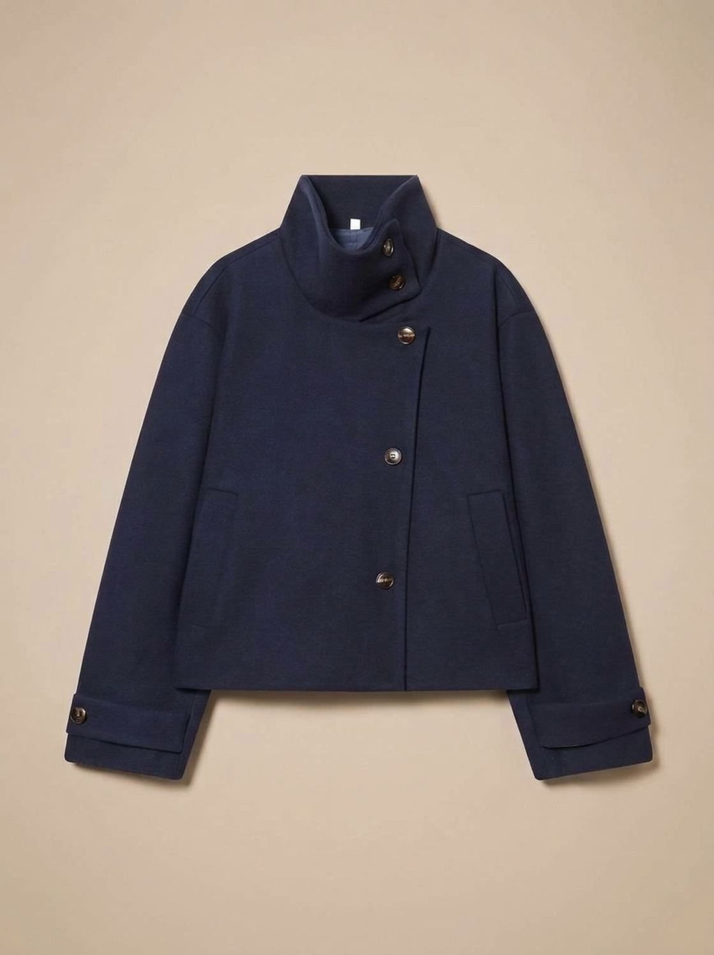 Women's Cropped Wool-Blend Overcoat with Asymmetrical Closure