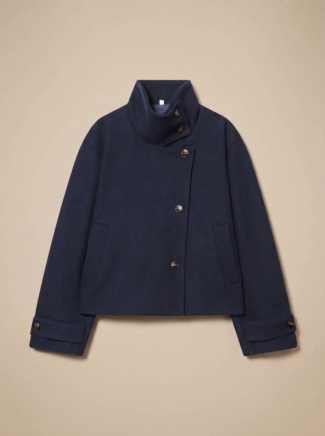 Women's Cropped Wool-Blend Overcoat with Asymmetrical Closure