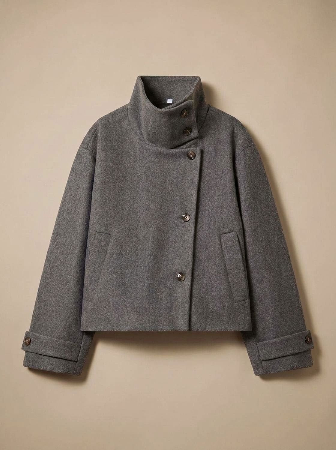 Women's Cropped Wool-Blend Overcoat with Asymmetrical Closure