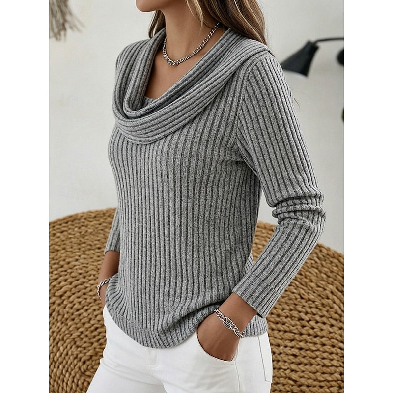 Women's Cozy Ribbed Knit Cowl Collar Sweater