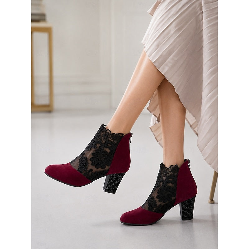 Women's Lace Overlay Heeled Ankle Booties with Floral Detail