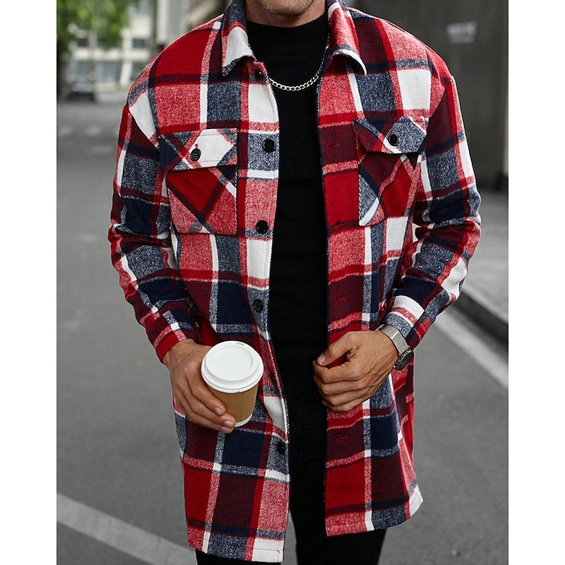 Men's Button-Front Checked Shirt Jacket with Pockets
