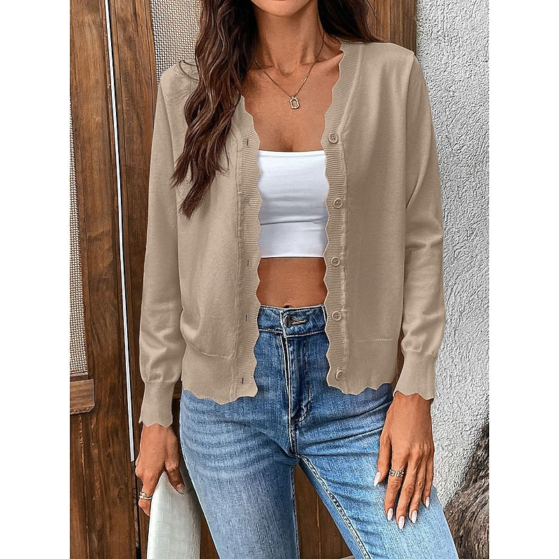 Women's Light Knit Scallop Edge Front-Button Cardigan Sweater
