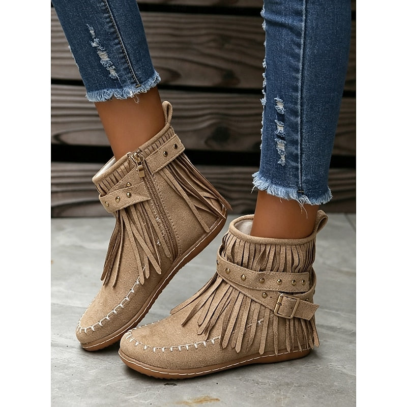 Women's Western Inspired Moccasin Style Ankle Boots with Fringe