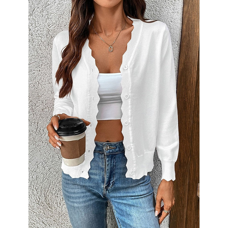 Women's Light Knit Scallop Edge Front-Button Cardigan Sweater