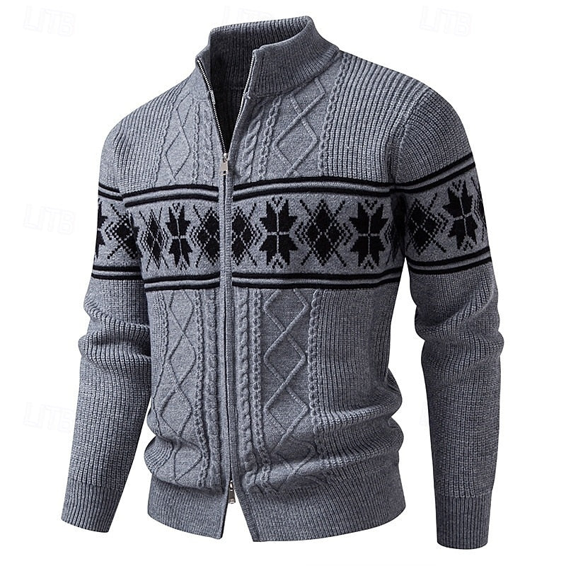 Men's Ribbed Knit Fair Isle Zipper Cardigan Sweater
